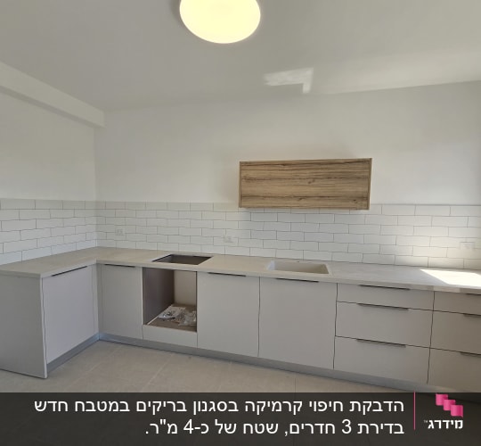 מטבח מודרני משופץ עם ארונות בהירים, חיפוי קיר לבן וארון עץ מרחף